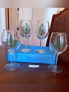 Set of 4 Cuthbertson Christmas Tree 10 Oz Glassware Wine Goblet Gold Rim #1